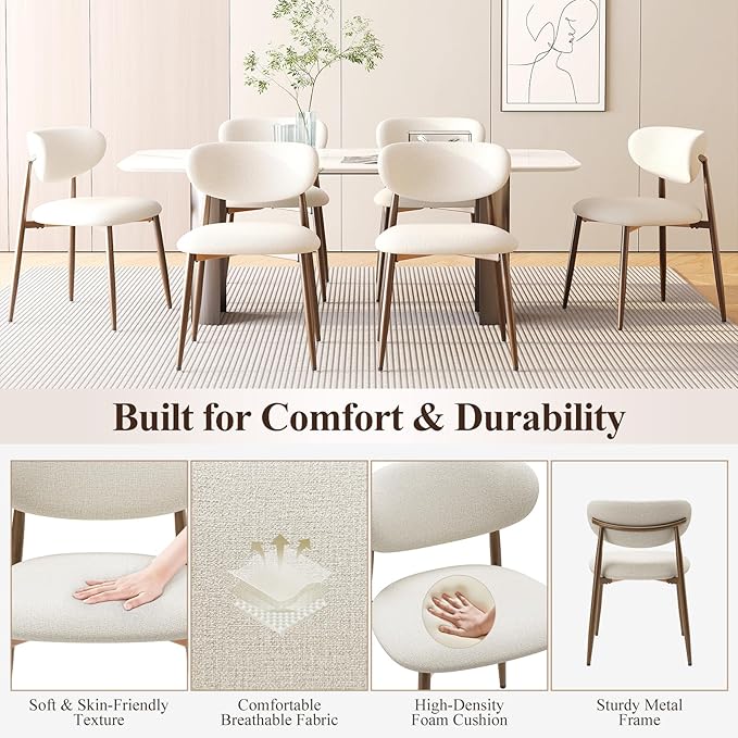 Dining Chairs Set of 2, Ergonomic Fabric Upholstered Seating with Wood Look Metal Legs and Anti Slip Pads, for Home and Restaurant Use, Beige