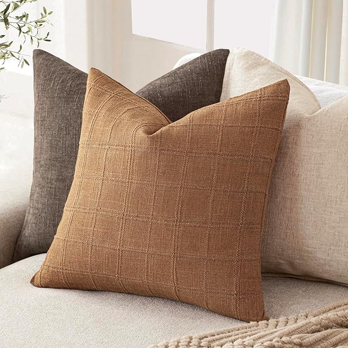 Foindtower Set of 2 Decorative Linen Check Throw Pillow Covers Neutral Farmhouse Vintage Cushion Covers Modern Boho Home Decor for Sofa Chair Couch Bedroom Living Room Outdoor,22×22 Inch,Brick