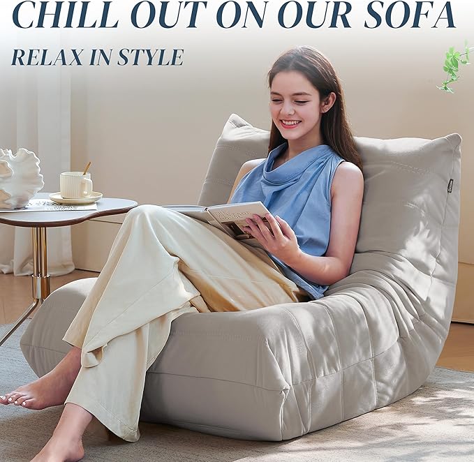 Bean Bag Chair, Fireside Chair Bean Bag Sofa for Adults, Bean Bag Chairs for Teens with High-Resilience Foam, Memory Foam & Non-Slip Base Bean Bag for Living Room, Bedroom, Office (Suede, Light Gray)