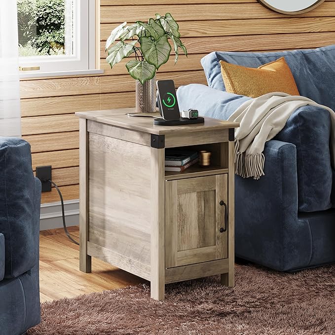 WLIVE Farmhouse End Table with Charging Station, Narrow Side Table for Living Room, Bedroom, Small Nightstand with Storage, USB Ports and Outlets, Small Wooden Cabinet, Greige