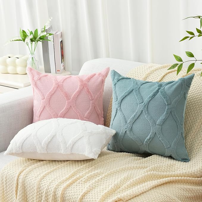 decorUhome Throw Pillow Covers 16x16 Inch Set of 2, Soft Plush Faux Fur Wool Aqua Couch Pillow Covers, Decorative Neutral Pillow Cases for Bed Sofa Living Room Home Decor