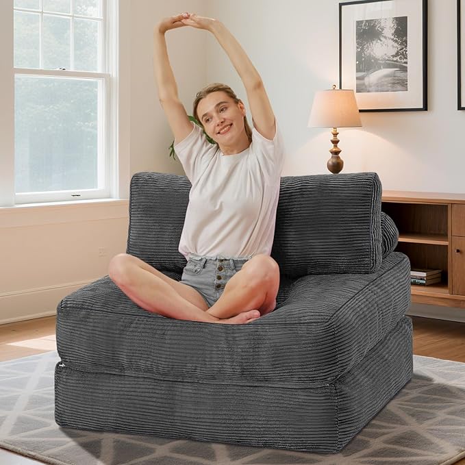 HABUTWAY Folding Sofa Bed, Convertible Sleeper Chair Bed w/Dual-Pillow & Handle, Foldable Floor Sofa Lounge w/Back Support for Living Room, Bedroom, Apartment, Office, Grey
