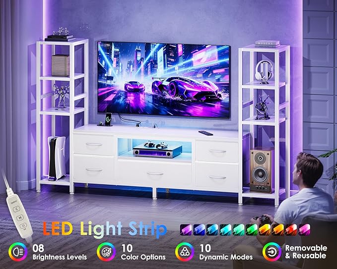 Casaottima 71" TV Stands for 43, 50, 55 Inch TV Entertainment Center with LED Lights and Power Outlets, TV Stand for Living Room with 5 Fabric Drawers & Shelf, TV Console Cabinet for Bedroom, White