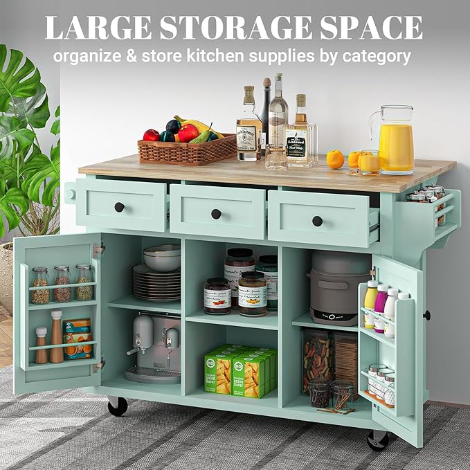 Rovibek Rolling Kitchen Island with Drawer, Kitchen Island Cart with Storage, Portabl Island for Kitchen with Large Storage Cabinet, Shelf and Drawer, 53 Inch Width, Green
