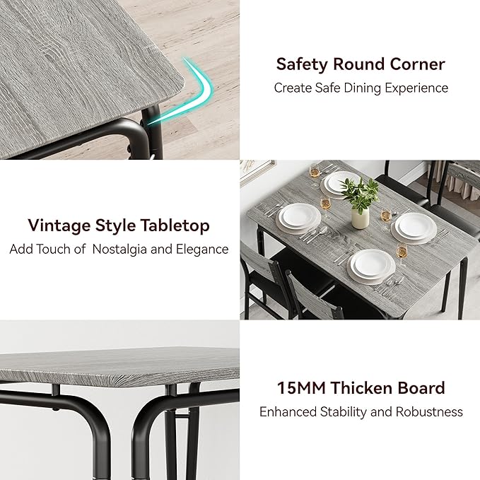 5 Piece Dining Table Set for 4, Compact Square Table Chairs, Sturdy MDF Top, Metal Frame, Space-Saving Breakfast Set for Kitchen, Apartment, Office, Easy Assembly Wipe-Clean