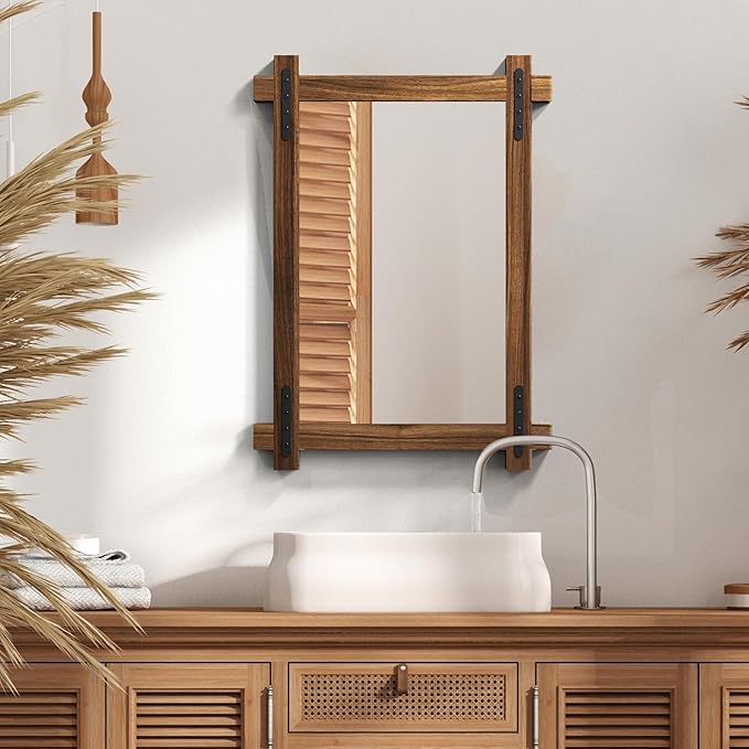 YOSHOOT Farmhouse Wood Bathroom Mirror, 32"x24" Rustic Wall Mirror, Round Corner Vanity Mirror for Decor, Vertical or Horizontal Hanging, Selected Wood, 100% Handmade