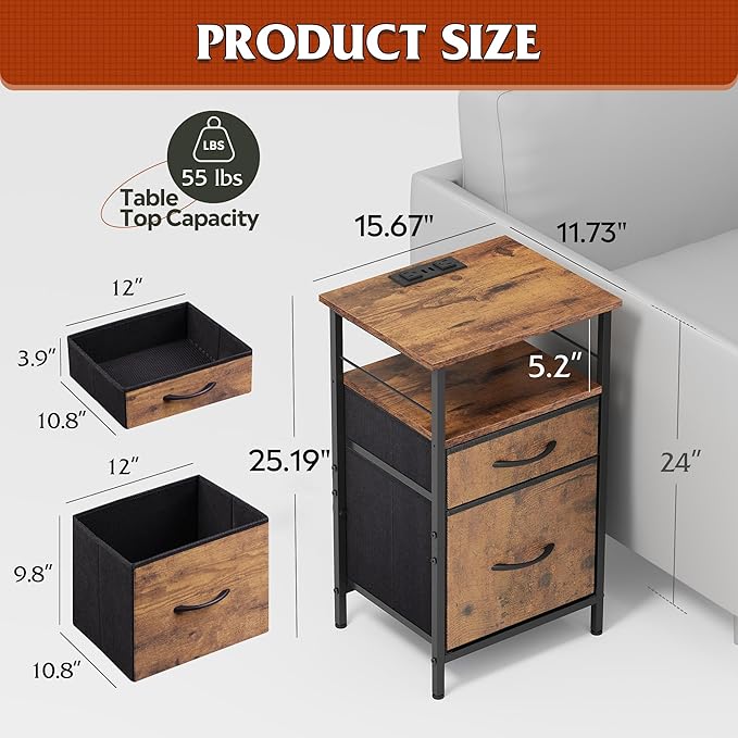 WLIVE Night Stand Set 2, Nightstand with Charging Station, Bedside Tables for Bedroom, Side Table with Fabric Drawers, USB Ports and Outlets, Rustic Brown