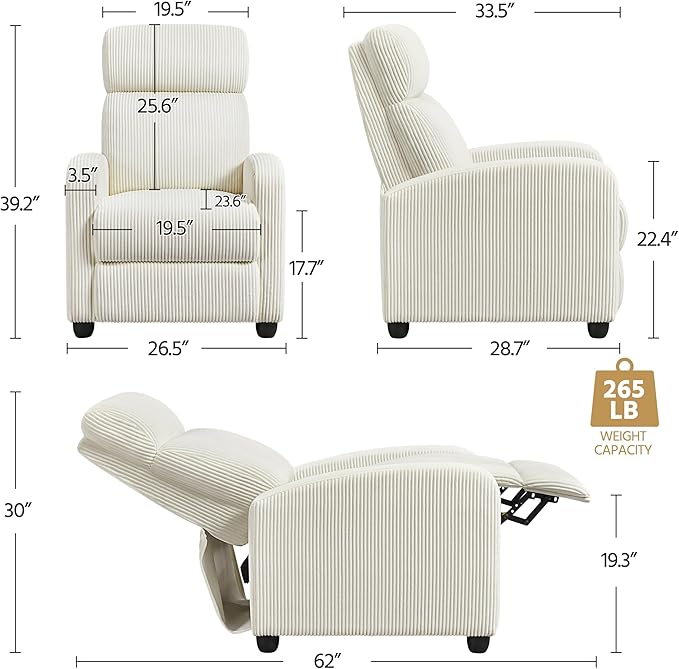 Yaheetech Corduroy Recliner Chair Single Sofa Home Theater Seating Adjustable Modern Reclining Chair for Living Room Bedroom Home Theater Beige