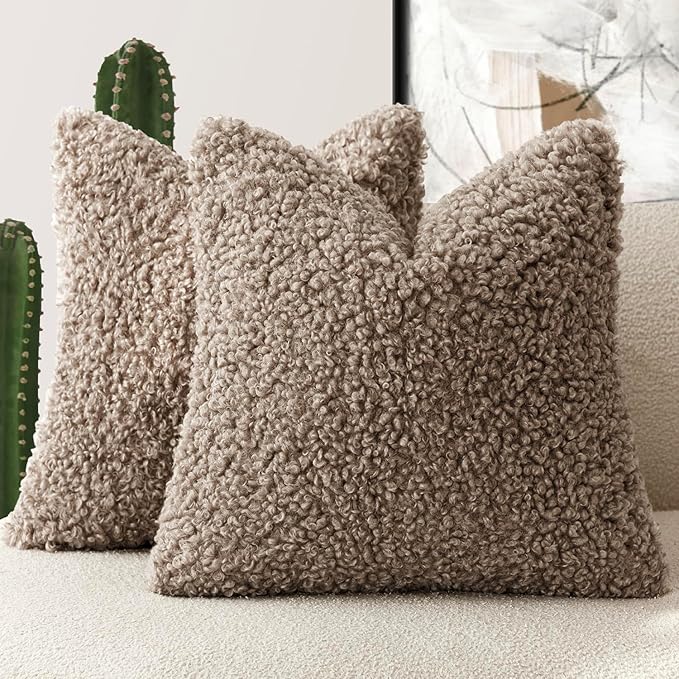 Foindtower 2 Pieces 26x26 Inch Khaki, Faux Fur Throw Pillow Cover Accent Sherpa Pillow Fuzzy Soft Pillowcases Sheepskin Decorative Fleece Cushion Case for Bed Couch Living Room