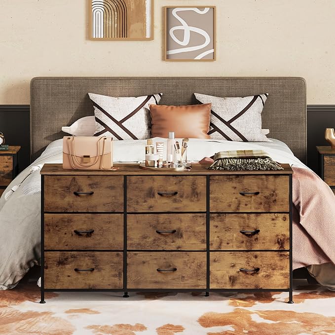 WLIVE 47''W Dresser for Bedroom, Dresser TV Stand for 45, 50, 55 inch TV, Wide Chest of Drawers with 9 Drawer, Large Entertainment Center, Fabric Dressers with Wood Top for Living Room, Rustic Brown