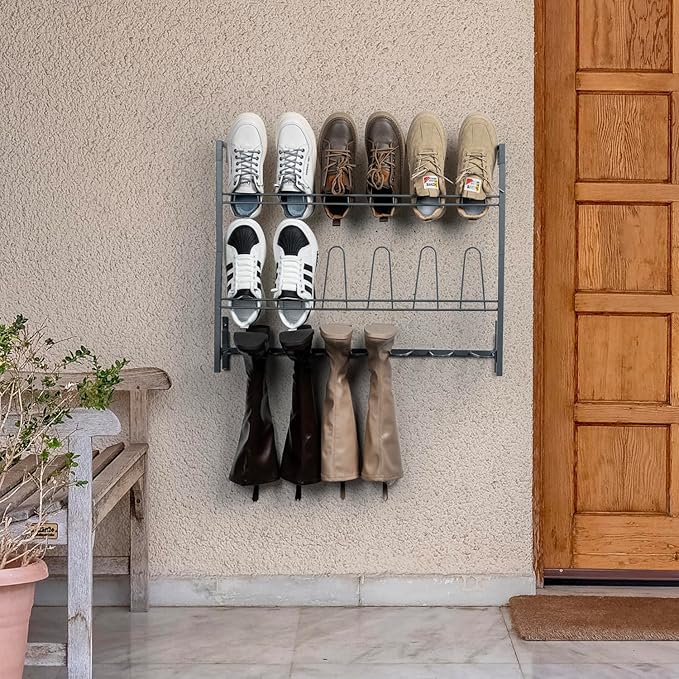 MyGift Premium Urban Gray Metal Hanging Shoe Rack for Walk in Closet, Mudroom and Entryway, Wall Mounted Space Saving Organizer for Shoes and Boots, Holds 9 Pairs