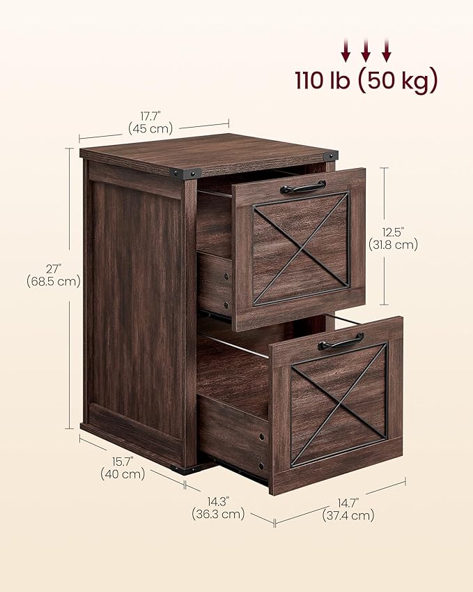VASAGLE File Cabinet, Filing Cabinet with 2 File Drawers, Printer Stand, Fit A4, Letter Size, Hanging File Folders, Modern Farmhouse Style, for Home Office, Maroon Brown UOFC048K01