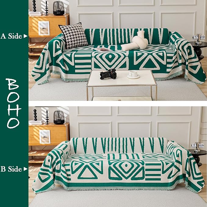HANDONTIME Couch Cover Boho Sofa Covers Washable Forest Green Dog Covers for Couches Reversible Couch Blanket Cover Geometric L Shaped Couch Covers for 2 3 Couch Cushion Cover Dark Green, 71" X134"