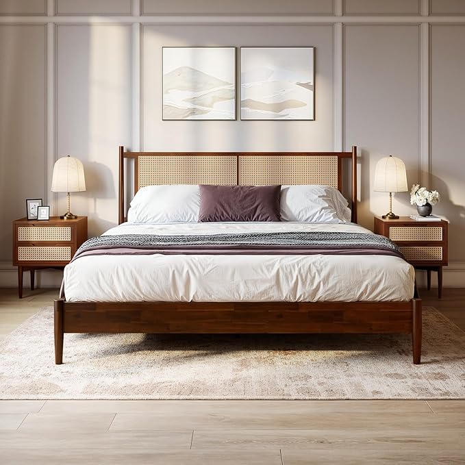 Bme Oliver King Bed Frame and Headboard - 15-Inch Signature Design with Rattan Headboard, Bohemian and Mid Century Style, 12-Slat Wood Support, No Box Spring Needed - Easy Assembly, Walnut