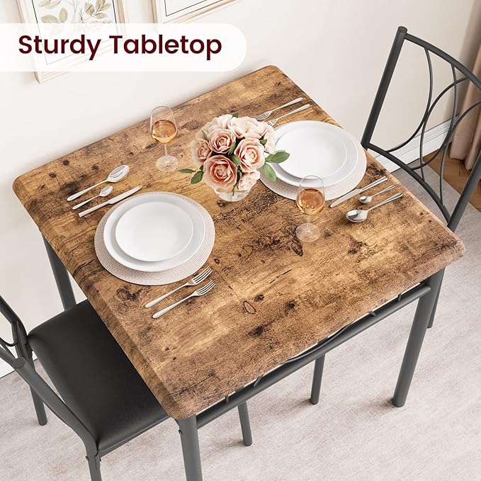 CABIHOME Dining Table Set for 2, 3 Piece Kitchen Table Set with 2 Upholstered Chairs, Square Kitchen Table Set for Small Space, Apartment, Dining Room, Retro Brown