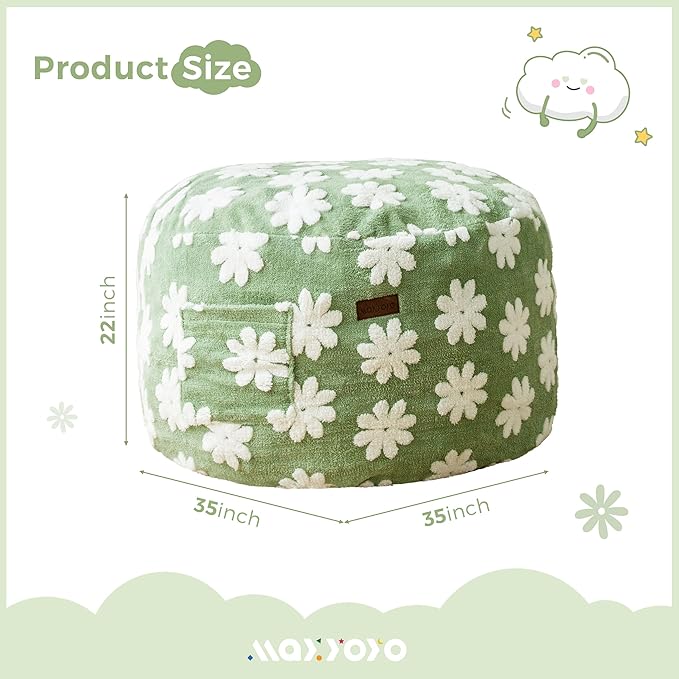MAXYOYO Bean Bag Chair for Kids, Floral Pattern Lazy Chair with High-Density Foam Filling, Stuffed Floor Sofa Couch for Boys and Girls, Child Floor Sofa for Gaming, Reading, Green