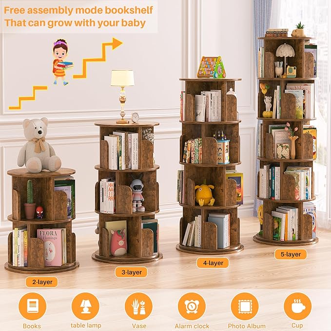 Aheaplus Rotating Bookshelf, 360 Display Wood Spinning Bookshelf Tower, 5 Tier Floor Standing Bookcase Storage Rack, Revolving Bookcase Corner Bookshelfs for Small Space, Study, Bed Room, Rustic Brown