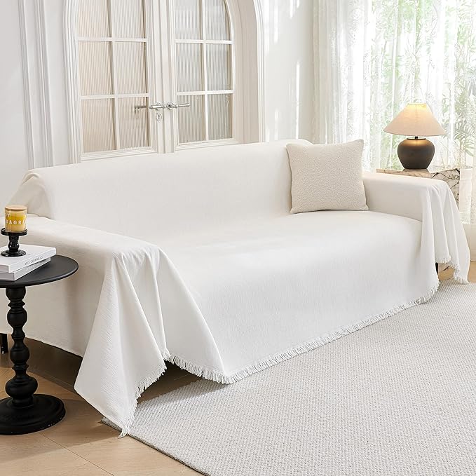 MYSKY HOME Oversized Sofa Cover for 3 Cushion L Shaped Sectional Couch, Pet Friendly Non Slip Furniture Protector for Kids, Dogs, 91"x150", White