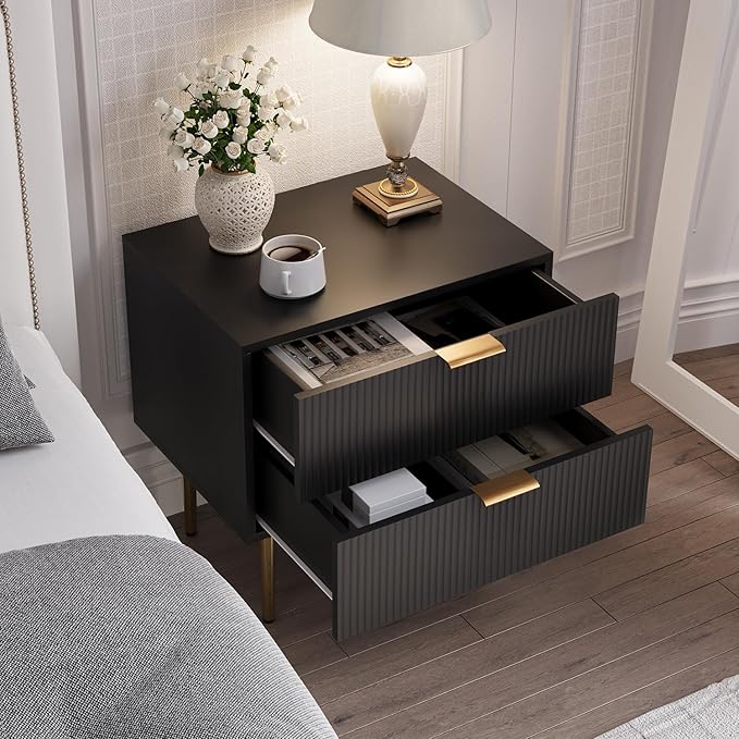Black Nightstand for Bedroom, Fluted Night Stand Set of 2, Mid Century Modern Bedside Table with Gold Metal Legs