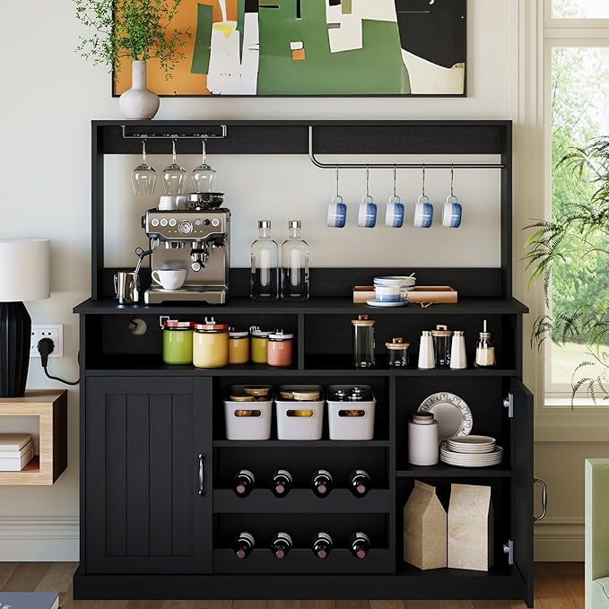 47" Farmhouse Buffet Sideboard Cabinet with Power Outlets Coffee Bar Cabinet with Storage, Large Buffet Storage Cabinet Table with Wine Racks, Goblet Holder, Hooks for Kitchen, Dining Room, Black