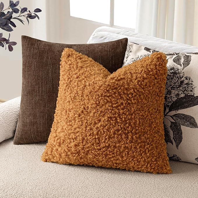 Foindtower 2 Pieces 16x16 Inch Orange, Faux Fur Throw Pillow Cover Accent Sherpa Furry Pillow Covers Fuzzy Soft Pillowcases Cozy Sheepskin Decorative Fleece Cushion Case for Bed Couch Living Room