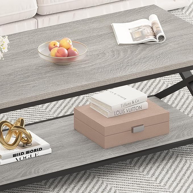 HSH Coffee Table with Storage, Farmhouse Grey Living Room Center Table, Industrial Wood and Metal Rectangle Coffee Tables, Simple Rustic 2 Tie Cocktail Tea Table for Home Office Bedroom, 47 Inch
