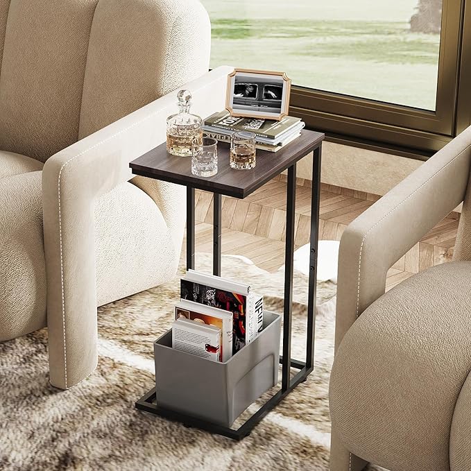 WLIVE Small Side Table, C Shaped End Table for Couch, Sofa and Bed, Tv Tray Table That Slides Under for Living Room, Bedroom, Bedside, Gray and Black