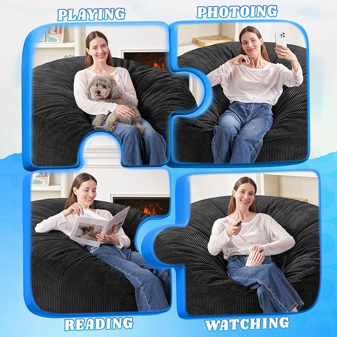 HABUTWAY 5FT Bean Bag Chair,Giant Bean Bag Chairs for Adults,Big Bean Bags with Memory Foam Filled, Large Beanbag Chairs with Soft Corduroy Cover-Black