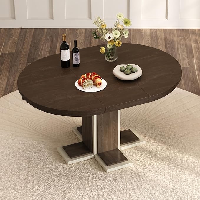 Ball & Cast Farmhouse Extendable Dining Table for 4-6, 42"-58" Extendable Kitchen-Table with a 16" Leaf, Round Ellipse Retro Wood Dining Room-Table w/Double Layer Base,Two Tone Color, Espresso