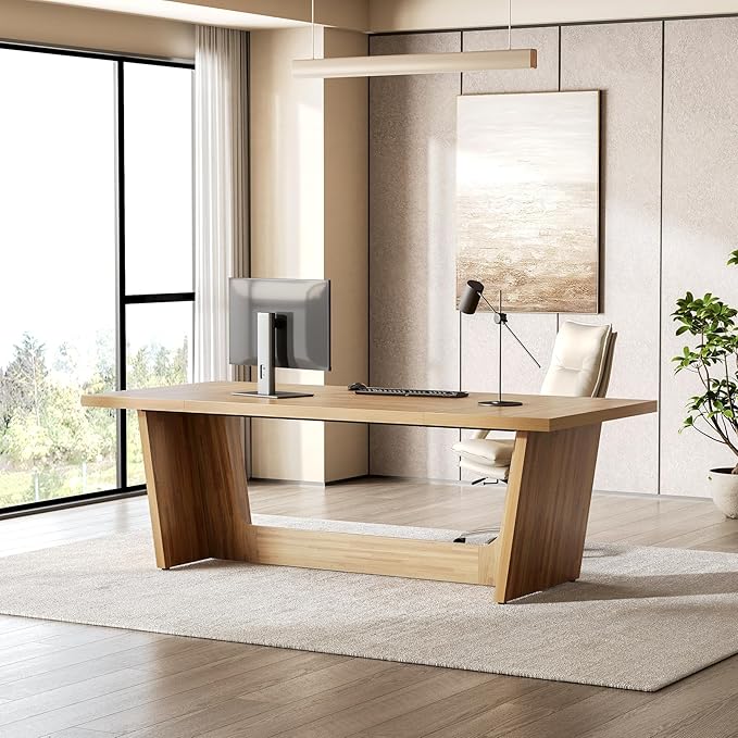 1Easylife 70.87 Inches Long Executive Desk, Wooden Computer Desk, Industrial Simple Study Writing Table, Large Workstation Business Furniture for Home Office, Oak