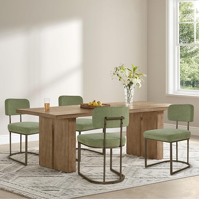 Dining Chairs Set of 6, Upholstered Modern Kitchen Chairs with Ergonomic Backrest, Fabric Cushion Seat & Metal Legs for Living Room, Restaurant, and Café, Green, 2Boxs