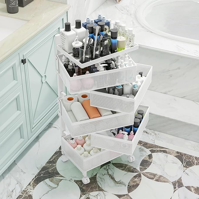 Fruit Basket for Kitchen No Assembly, Rolling Rotating Storage Cart,Bathroom Shelf,Mobile Metal Utility Storage Cart,Potato and Onion Storage Drawer Cart(Bright White, 5 Tier-Square)