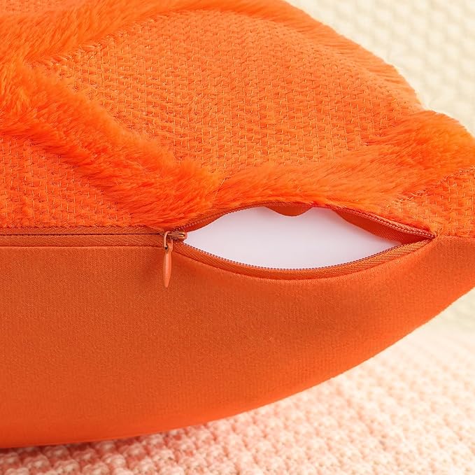 decorUhome Fall Throw Pillow Covers 12x20 Inch Set of 2, Soft Plush Faux Fur Wool Lumbar Orange Couch Pillow Covers, Decorative Neutral Pillow Cases for Bed Sofa Living Room Home Decor