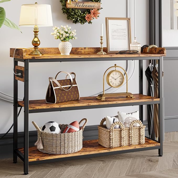 IRONCK Console Table, Sofa Table with Power Outlet, Farmhouse Hallway Table for Entryway, Living Room, Height Adjustable, Easy Assembly, Rustic Brown, 43"