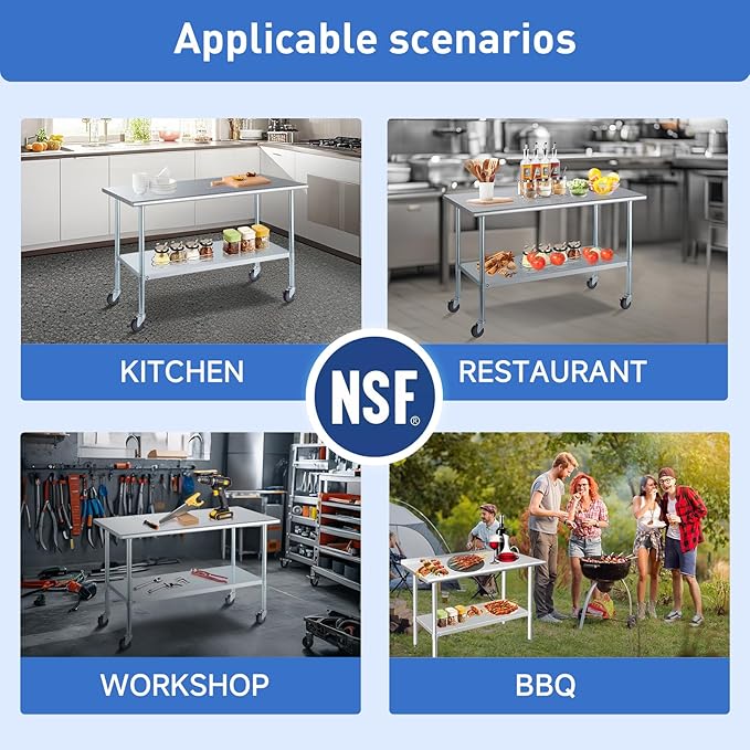 ROCKPOINT Stainless Steel Table for Prep & Work with Caster Wheels 14x60 Inches, NSF Metal Commercial Kitchen Heavy Duty Table with Adjustable Under Shelf and Table Foot for Restaurant, Home and Hotel