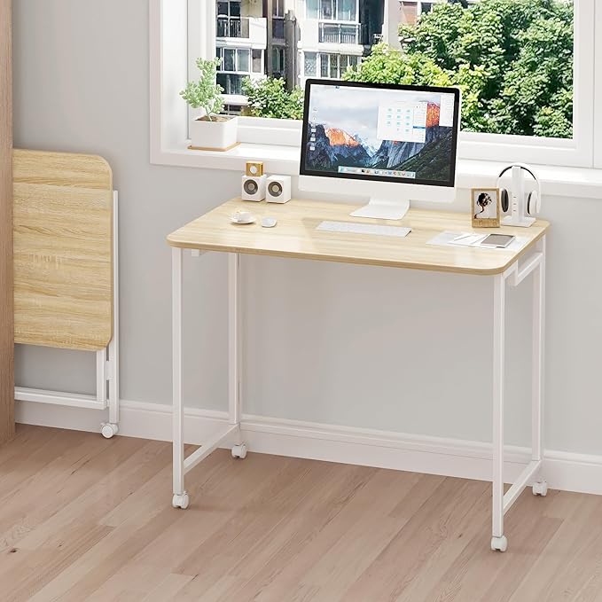 JSB Small Folding Computer Desk with Storage Bag and Hook Writing Modern Industrial Work Table Laptop for Home Office White (Natural & White, 31.5")