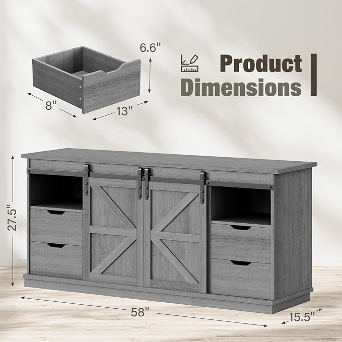 YESHOMY TV Stand for Televisions up to 65 Inchs, with Sliding Barn Doors and 4 Storage Drawers, Console Table and Media Furniture for Living Room, 58 Inch, Gray
