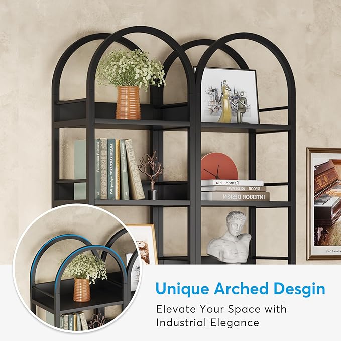 LITTLE TREE 6-Tier Open Bookshelf, 78.7" Tall Arched Bookcase, Black Wooden Bookshelf with Metal Frame, Freestanding Narrow Bookcase Display Shelves for Living Room, Bedroom, Office