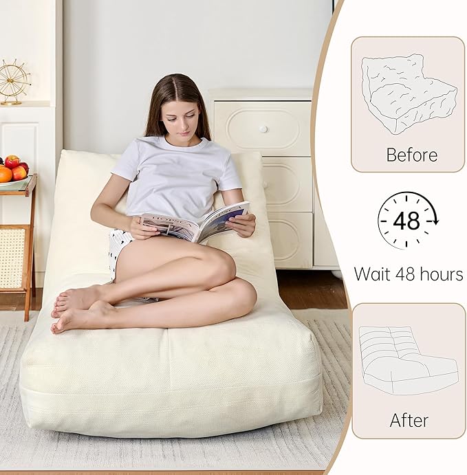 Bean Bag Chairs for Adults, Memory Foam Bean Bag Chair, Spacious Single Sofa, Ergonomic Support Reading Floor Sofa Chair with Filler, Comfy Cozy Beanbag Couch for Bedroom Living Room (Beige)