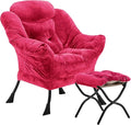 Lazy Chair with Folding Ottoman, Accent Chair Plush Upholstered with Metal Structure and Non-Slip Pads, Sofa Armchair with Footrest and Side Storage Bag for Dorm, Room, Office, Rose Red