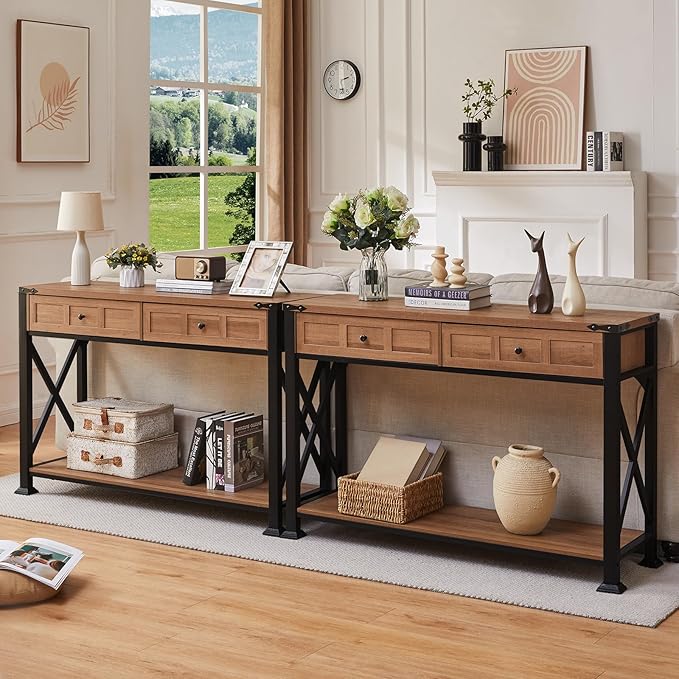 HOMBAZAAR Entryway Table,Rustic Console Table with 2 Drawers, Industrial Console Tables with Storage for Entryway, Hallway, Living Room,Brown,47 Inch