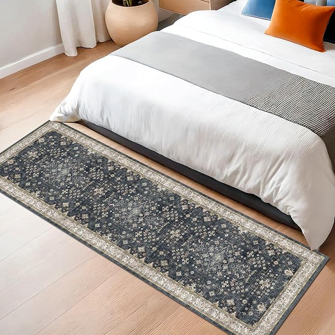 Black Boho Washable 2x6 Runner Rugs for Hallway Kitchen Bedroom Beside Laundry Room Bathroom Rug, Pet & Kids Friendly, Non Slip Low Pile Stain Resistant Soft Faux Wool Long 24 x 72 Floor Carpet
