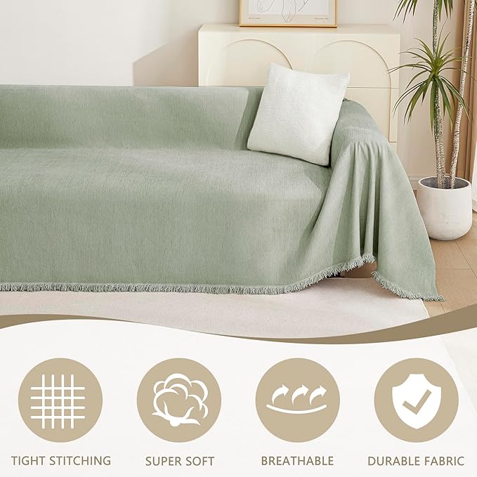 MYSKY HOME Chenille Sofa Slipcovers Sage Green Sofa Covers with Tassel Edge L Shaped Sectional Couch Covers for 3 Cushion Couch, Washable Thick Durable Furniture Protector for Dogs Kids 71"x 134"