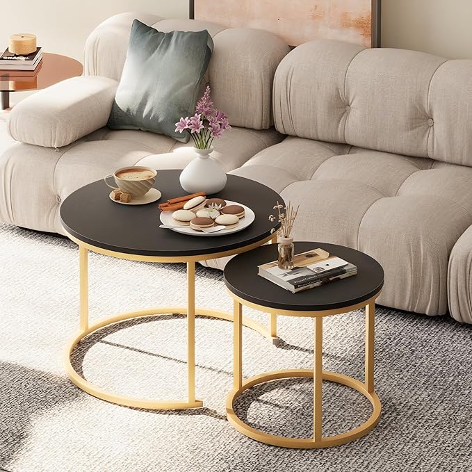 Garden 4 you Nesting Coffee Table, 23.6" Round Coffee Table Set of 2, Wooden Nesting Table Set with Metal Frame, Side Tables for Living Room Bedroom Balcony, Black