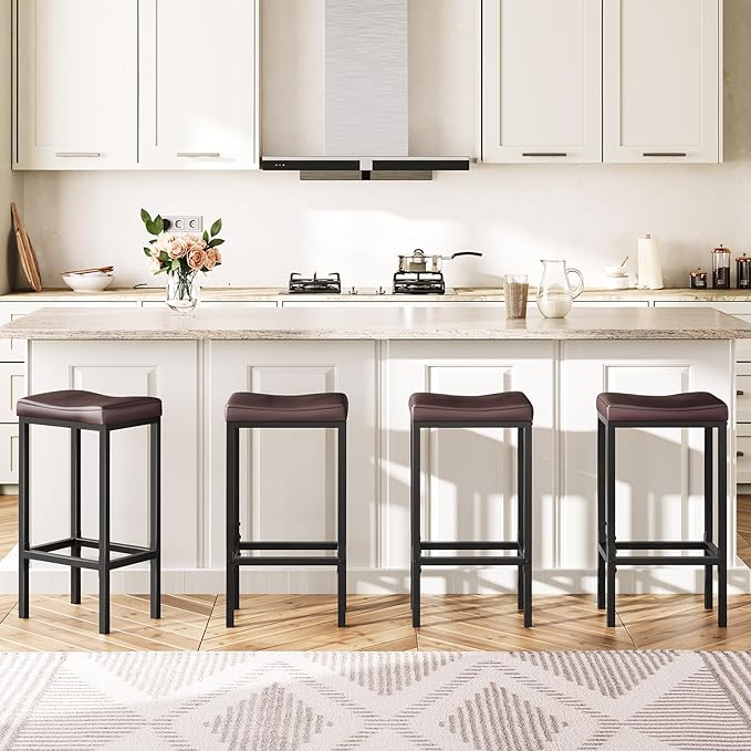 HOOBRO Bar Chairs, Set of 2 Counter Height Saddle Stools with Curved Surface, 24.8 Inches, 2.4" Thick Upholstery, for Kitchen and Dining Room, Brown and Black BC10BY01