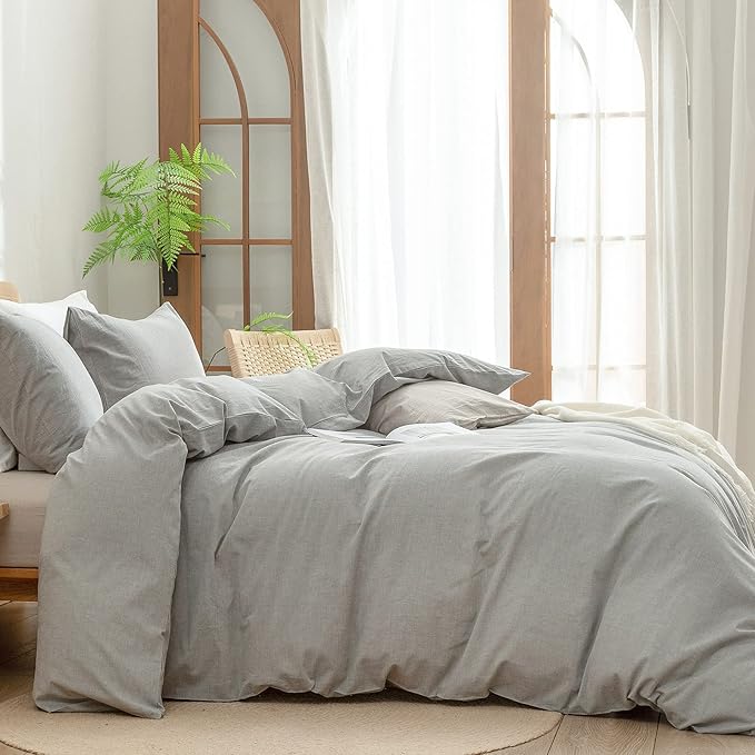 BESTOUCH Duvet Cover Set 100% Washed Cotton Linen Feel Super Soft Comfortable Chic Lightweight 3 PCs Home Bedding Set Solid Light Grey Super King