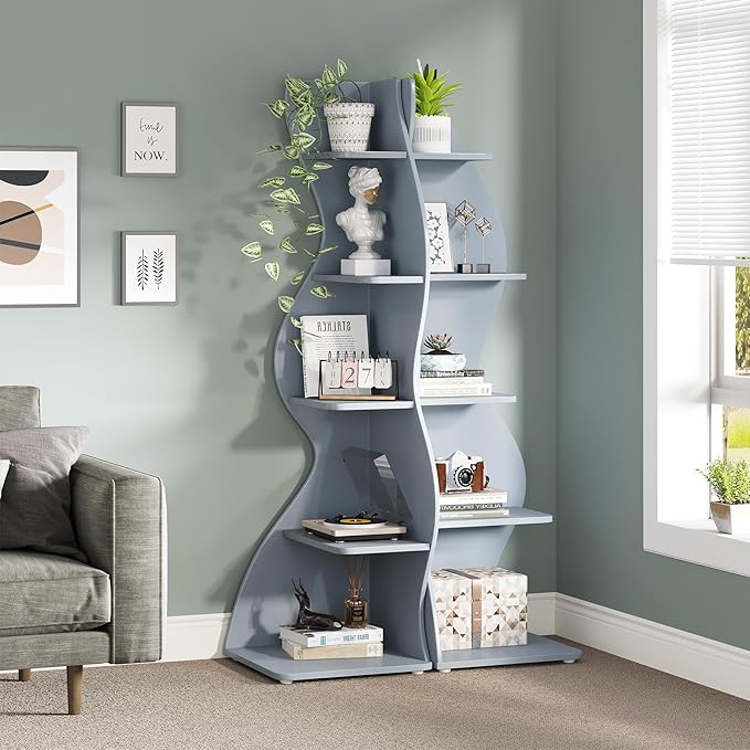 Tribesigns Corner Shelf, Modern 5-Tier Wall Corner Bookshelf, Stylish Corner Small Bookcase Storage Rack Plant Stand with Unique Shape for Living Room, Home Office (Blue, 1PC)
