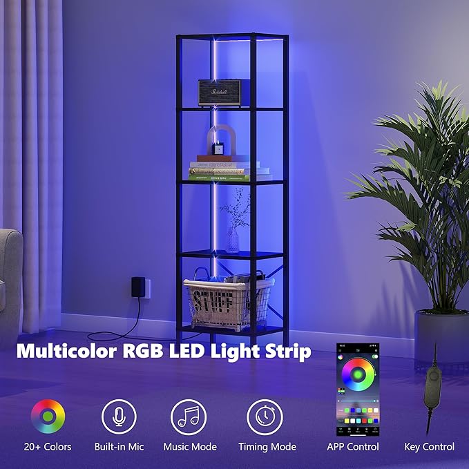5-Tier Bookshelf, Tall Narrow Bookcase with LED Lights, Book Shelf with Steel Frame, Display Storage Shelf for Living Room, Bedroom, Home Office, Study, Balcony, Black