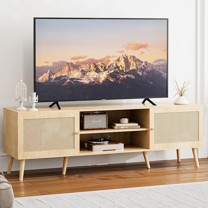 TV Stand for TVs up to 65'', Entertainment Center With Rattan Door, Shelves & 2 Cabinets, Long Boho Media Console for Living Room, Natural