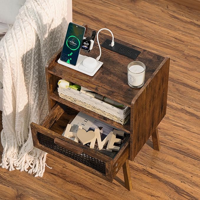 Lerliuo Rattan Nightstand with Charging Station, Side Table with Drawer Open Shelf, Cane Accent Bedside End Table with Solid Wood Legs, Night Stand for Bedroom, Dorm and Small Spaces (Brown)